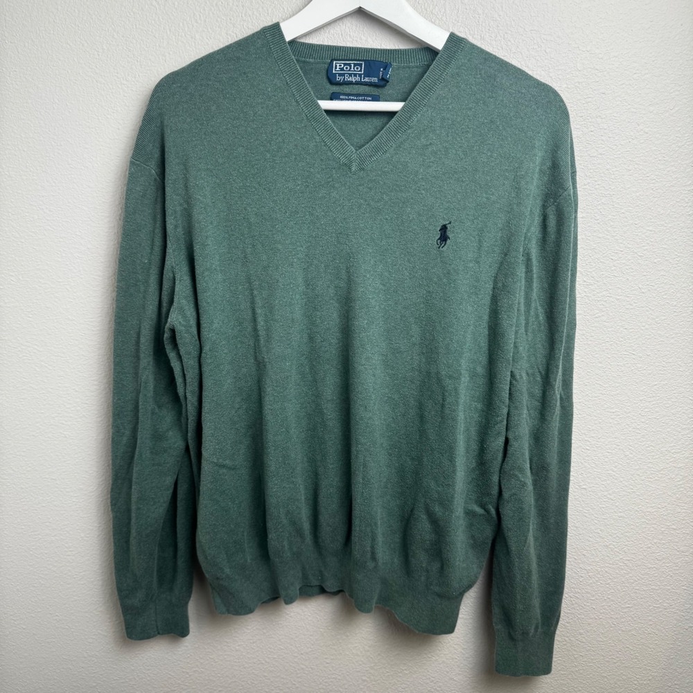 Polo Ralph Lauren V-Neck Sweater XL Regular Green Pima Cotton Pony Logo